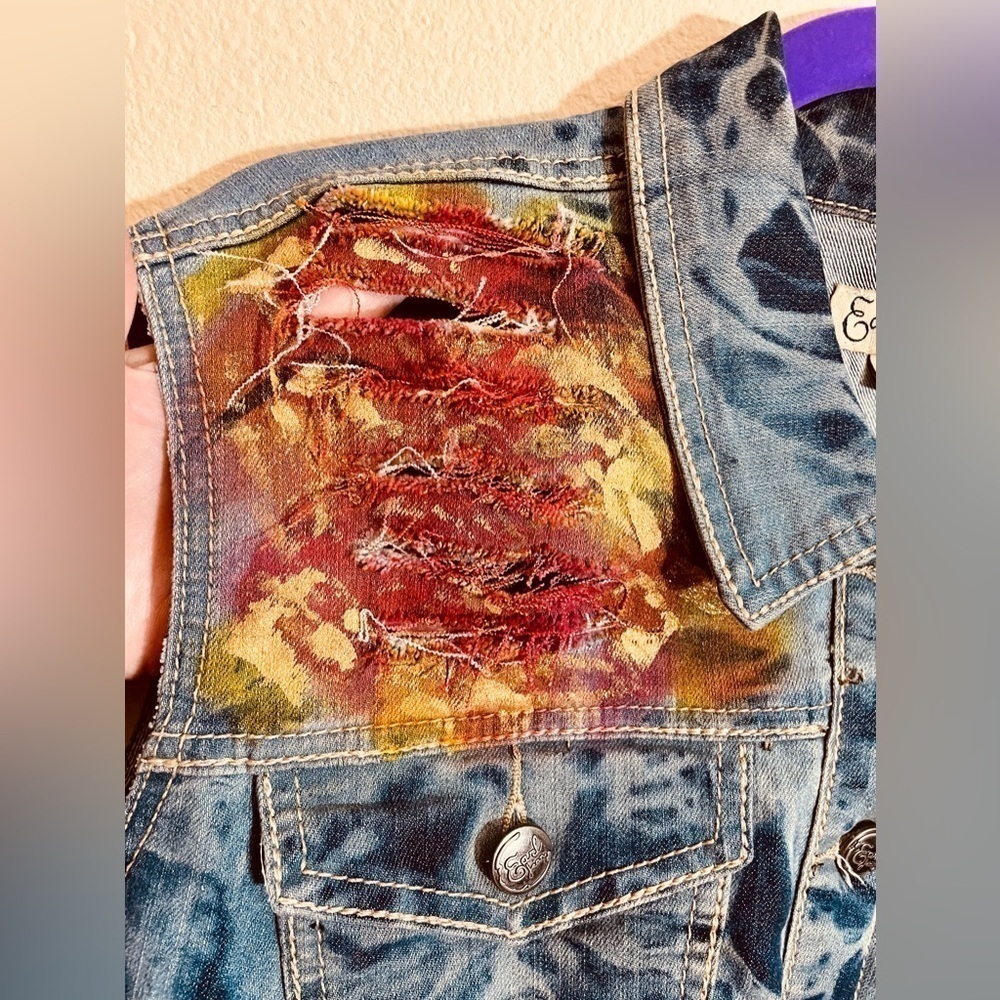 🎨 AIRBRUSHED GLITTER DECORATED ART Earl Jean Vest XL Boho Possibly Upcycled 90s - Picture 3 of 16